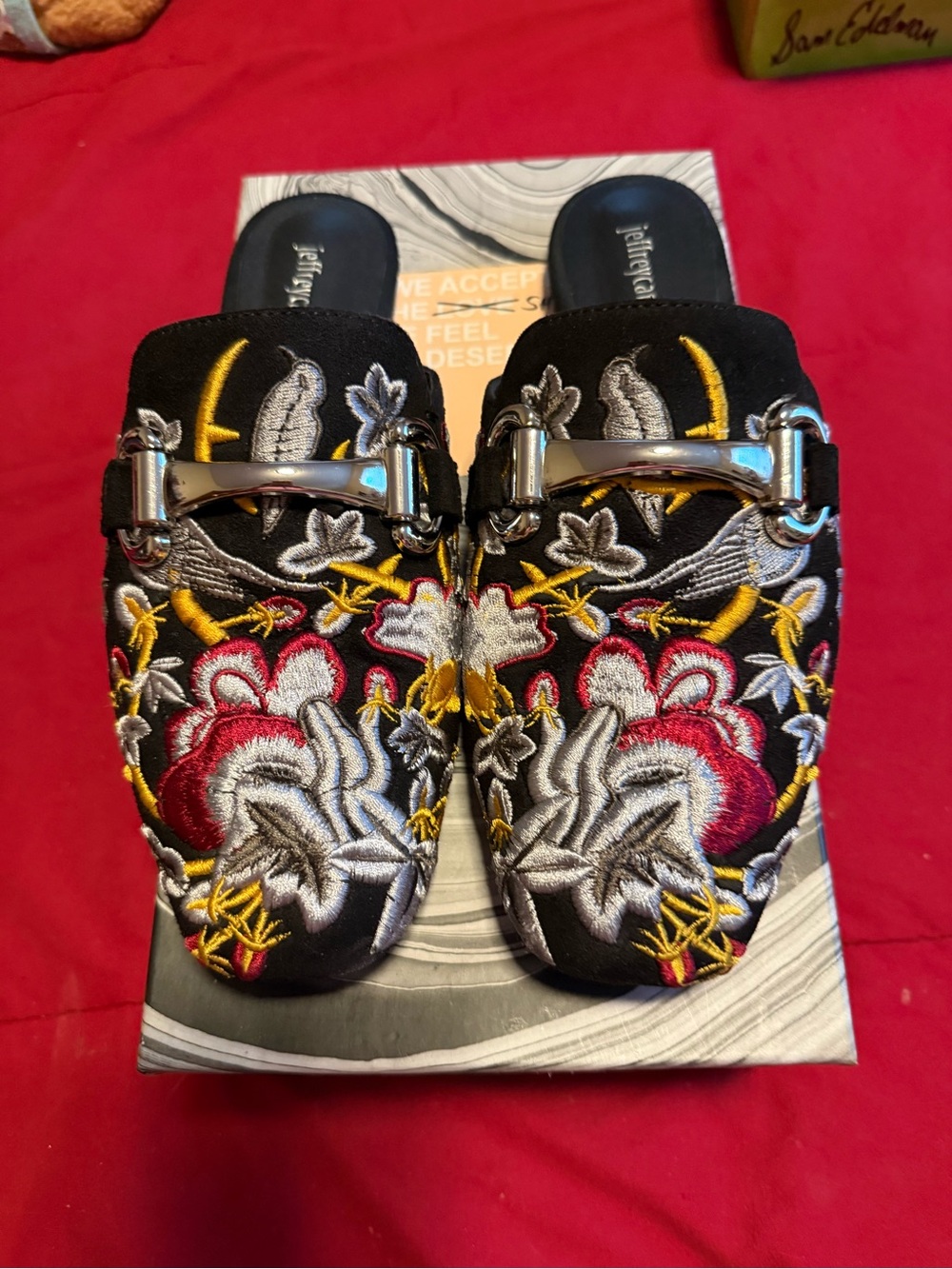 Jeffery Campbell Embroidered Floral Slip-On Mules - Black with Multi Embroidery